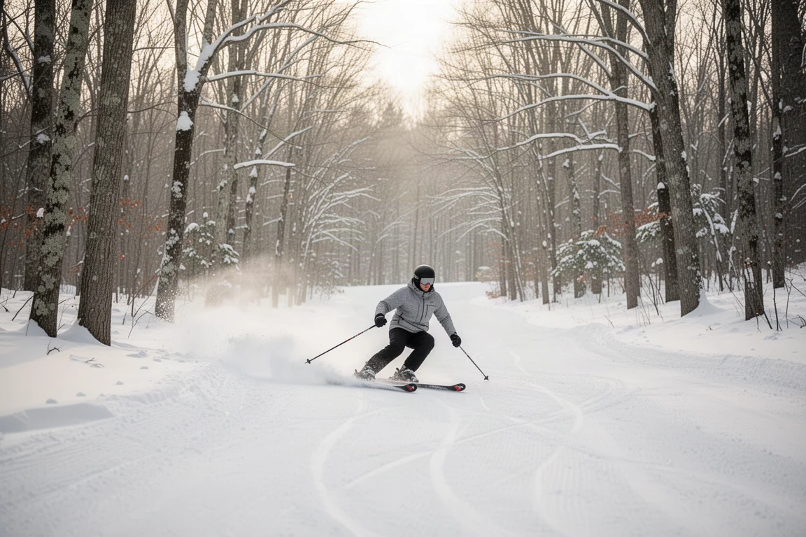 Skidåkare åker ner i ett preparerat mellanblått spår genom New England-skog