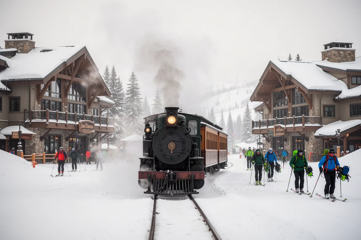 Ånglok som kör genom ett snötäckt skidområde mellan dalar och baslodge