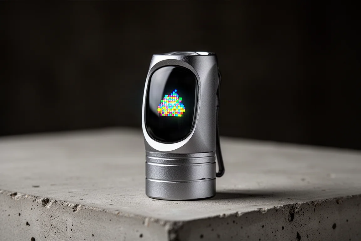 Close-up of a small aluminum flashlight with a curved pixel display lit up in the dark