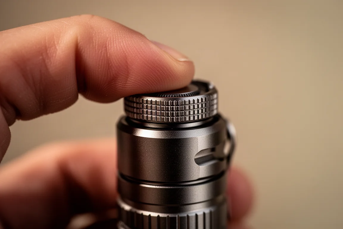 Fingers rotating a knurled mechanical dial on top of a compact flashlight