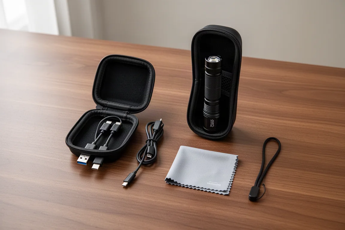 Open flashlight case with charging cable, cleaning cloth, and lanyard laid out neatly