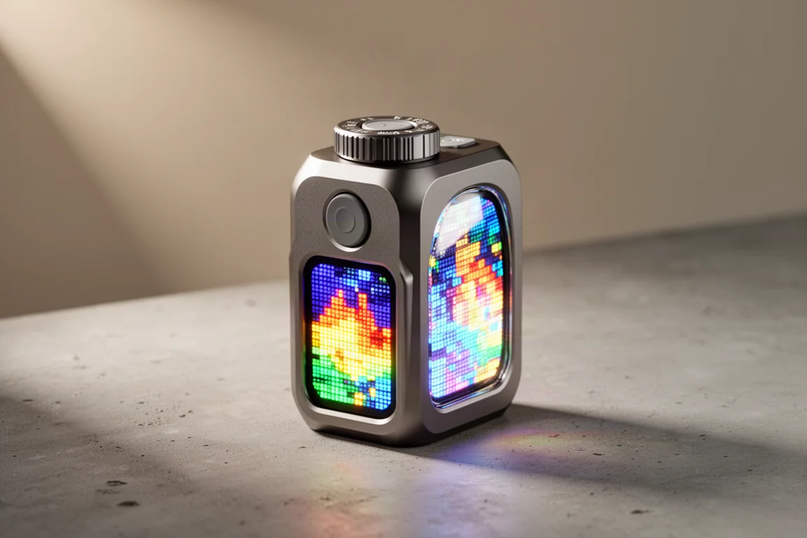 Loop Gear Loop Dot-zaklamp met oplichtende pixeldisplay op een betonnen ondergrond