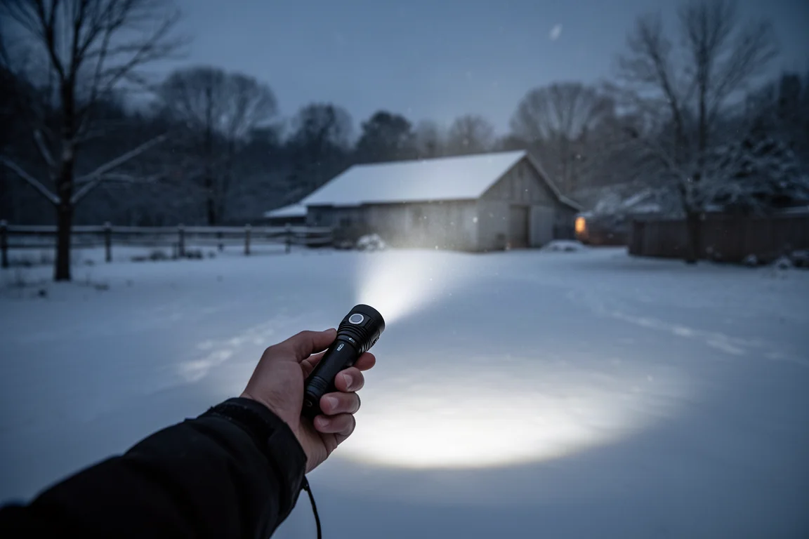 Linterna proyectando un haz difuso por un patio nevado de noche