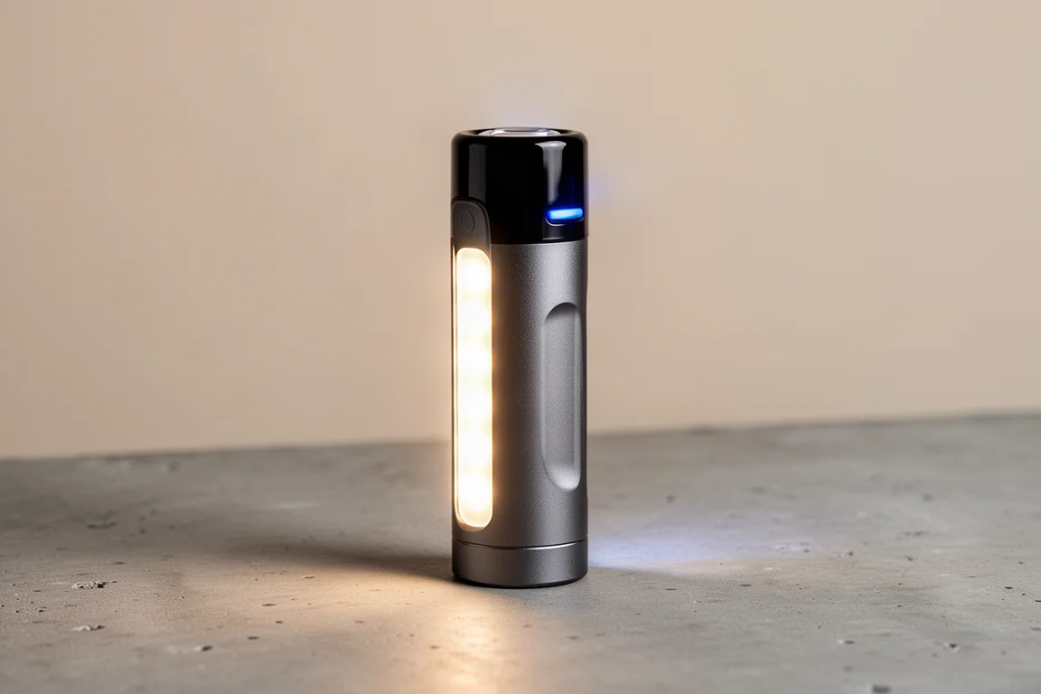 Compacte aluminium zaklamp met omlopende gloed op een betonnen ondergrond