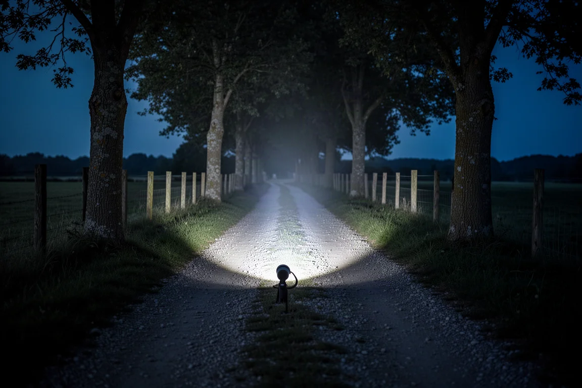 Fascio di luce della torcia che raggiunge un sentiero di campagna buio di notte