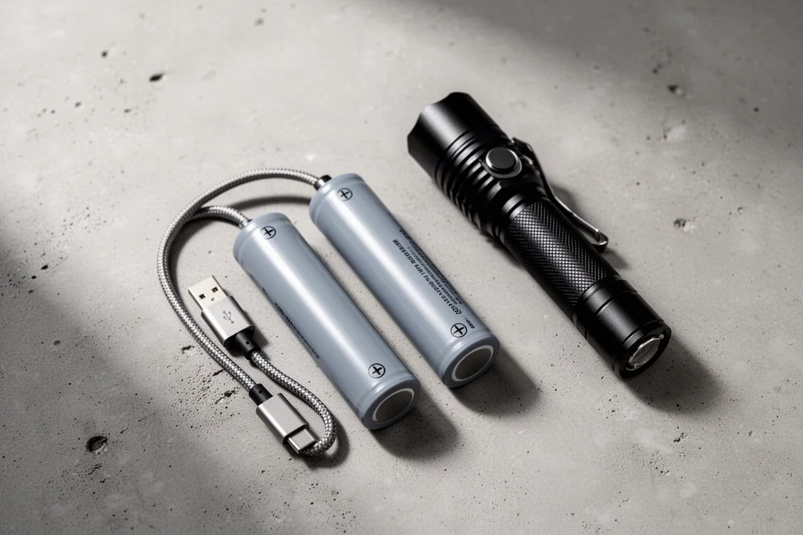 Due batterie ricaricabili 18650 e un cavo USB-C disposti su una scrivania
