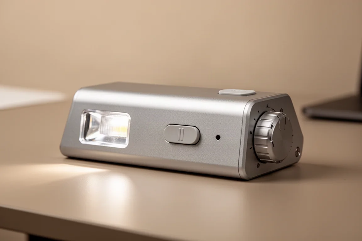 Lampe torche plate en forme de coin posée sur un bureau, montrant le panneau latéral et la molette rotative