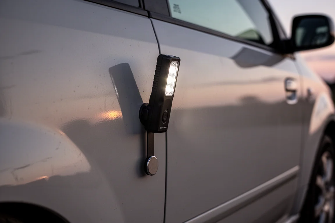 Queue magnétique de la lampe torche fixée sur le flanc d'une carrosserie de voiture