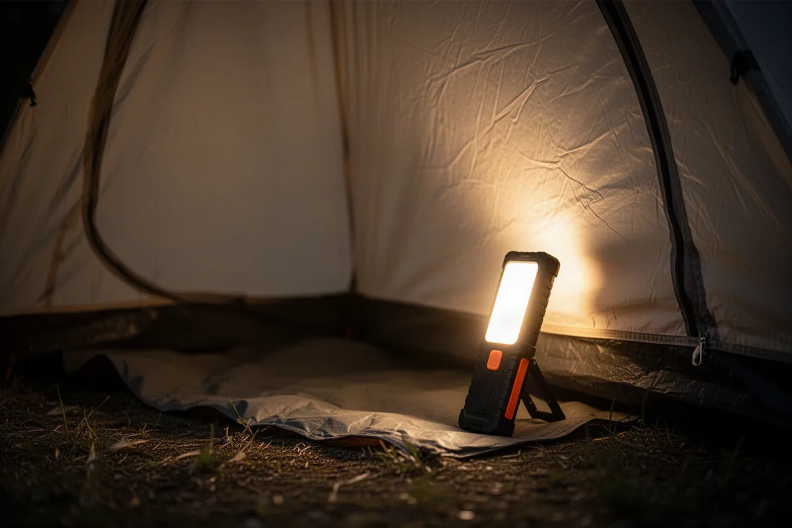 Lueur douce et chaude de l'éclairage latéral illuminant l'intérieur d'une tente la nuit