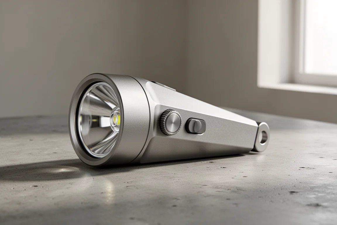 Flat wedge-shaped aluminum flashlight on a brushed concrete surface