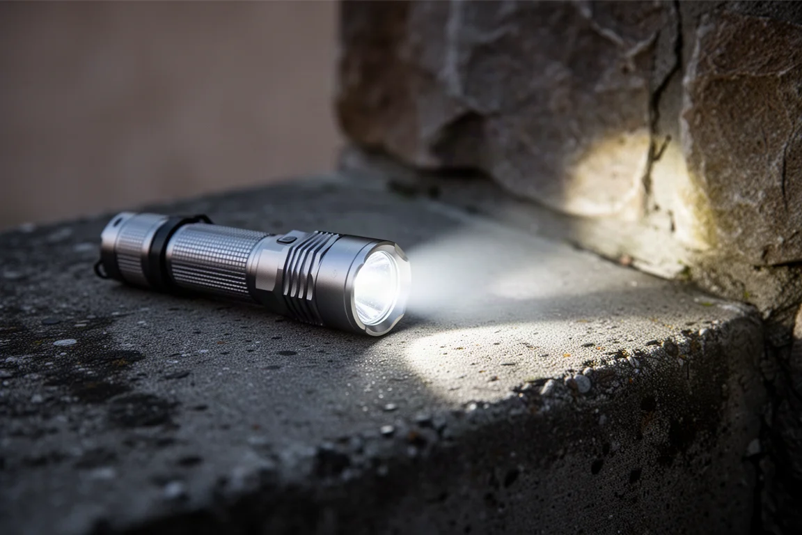 Tactical flashlight standing upright on concrete with a tight beam glowing in a dark scene