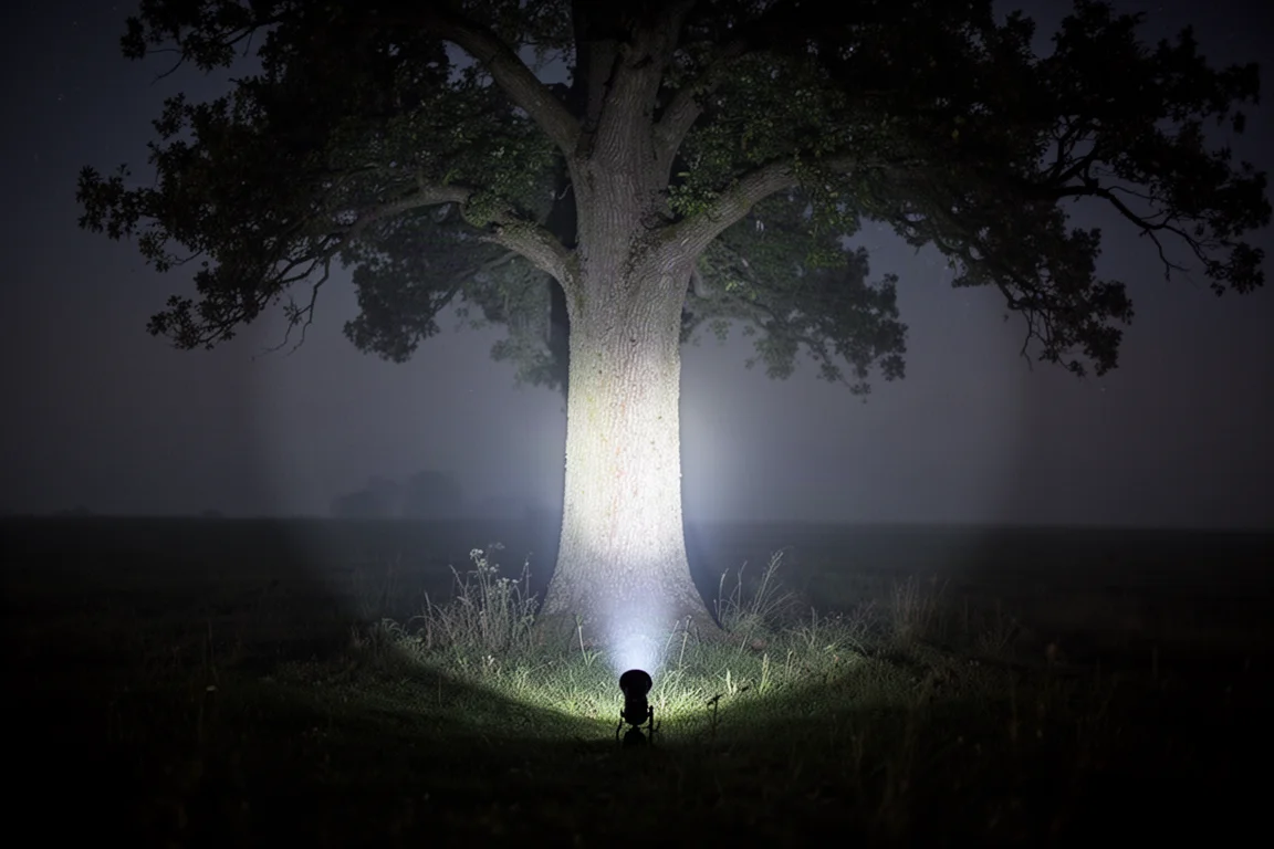 Hand held flashlight illuminating a dark tree line with a narrow intense hotspot