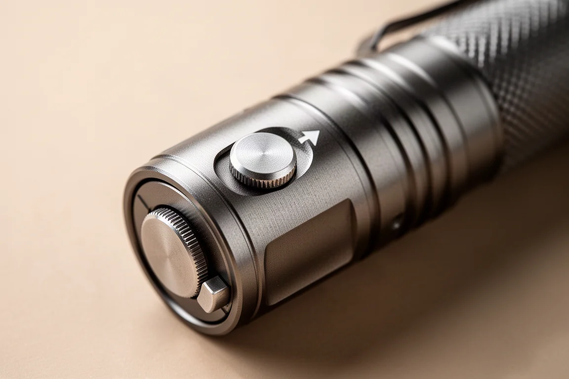 Tail switch and rotating lockout dial of a tactical flashlight in close-up