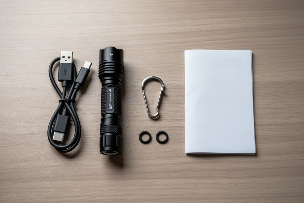 USB-C cable, pocket clip and spare O-rings laid out beside a flashlight on a desk
