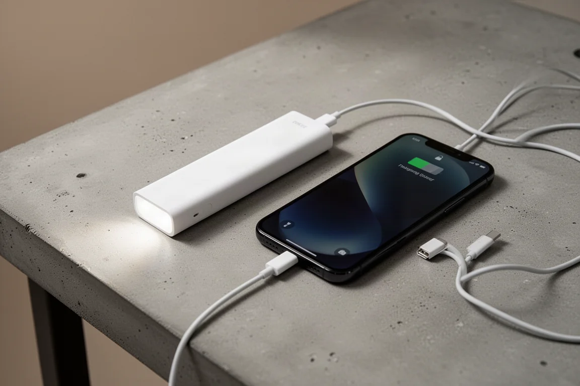 Ficklampa som laddar en smartphone via en USB-C-kabel på ett skrivbord