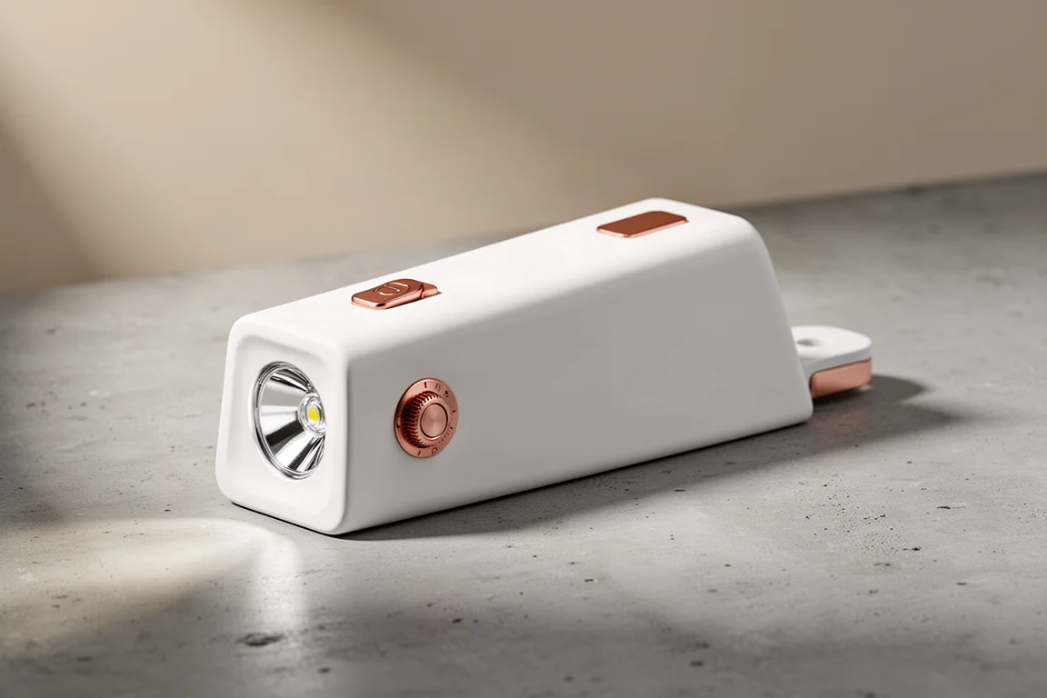Loopgear SK05 Pro II flat wedge flashlight in matte white with rose gold switch on concrete