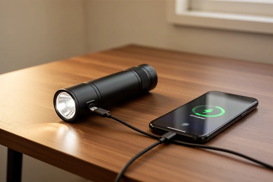 手电筒通过 USB-C 接口在木桌上为智能手机充电
