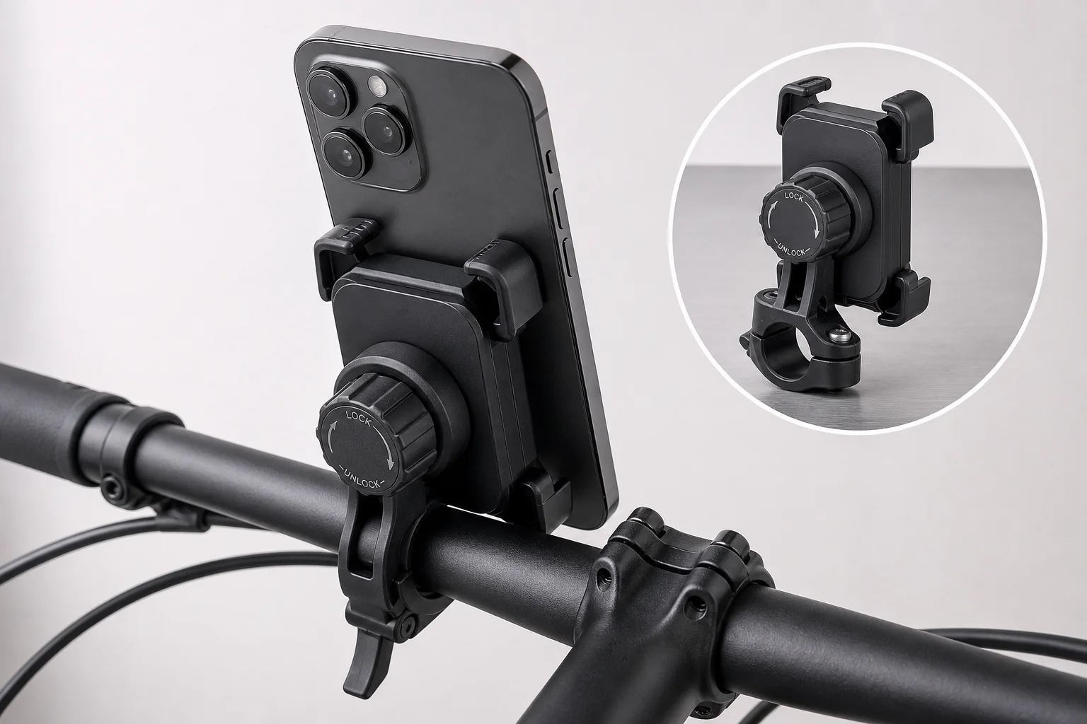 Urban commuter bicycle with accessories on neutral backdrop