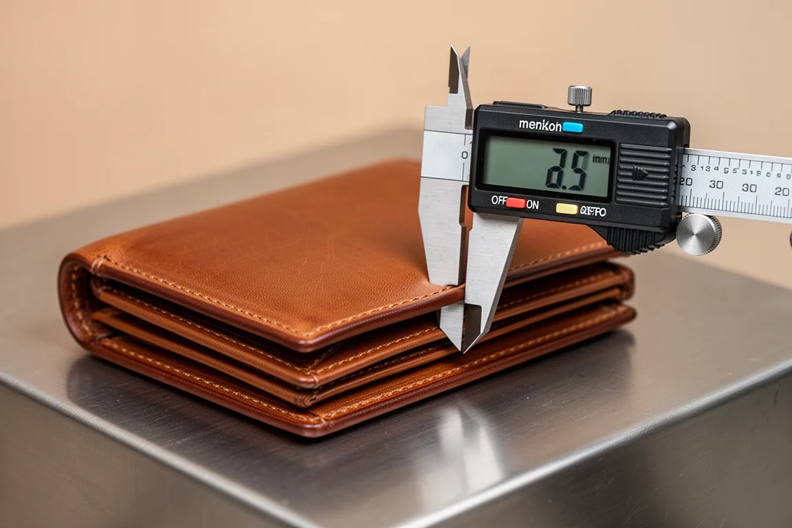 デジタルノギスで収納物が入ったレザーウォレットの厚さを測っているところ