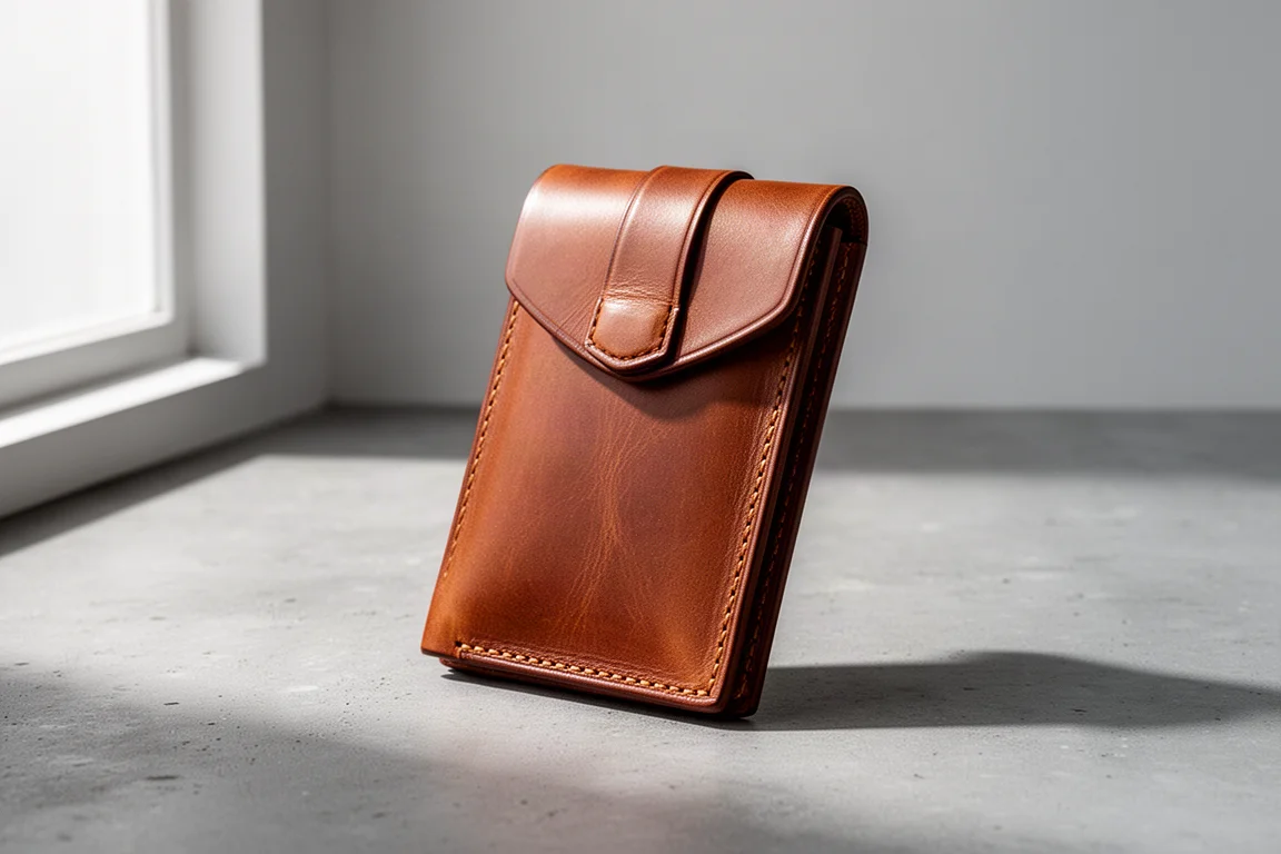 Buck brown full grain leather wallet with top flap and tuck closure on a concrete surface