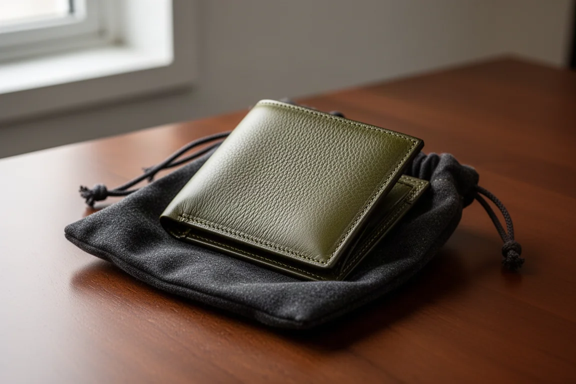 Portefeuille en cuir olive dans une pochette de présentation en tissu ouverte
