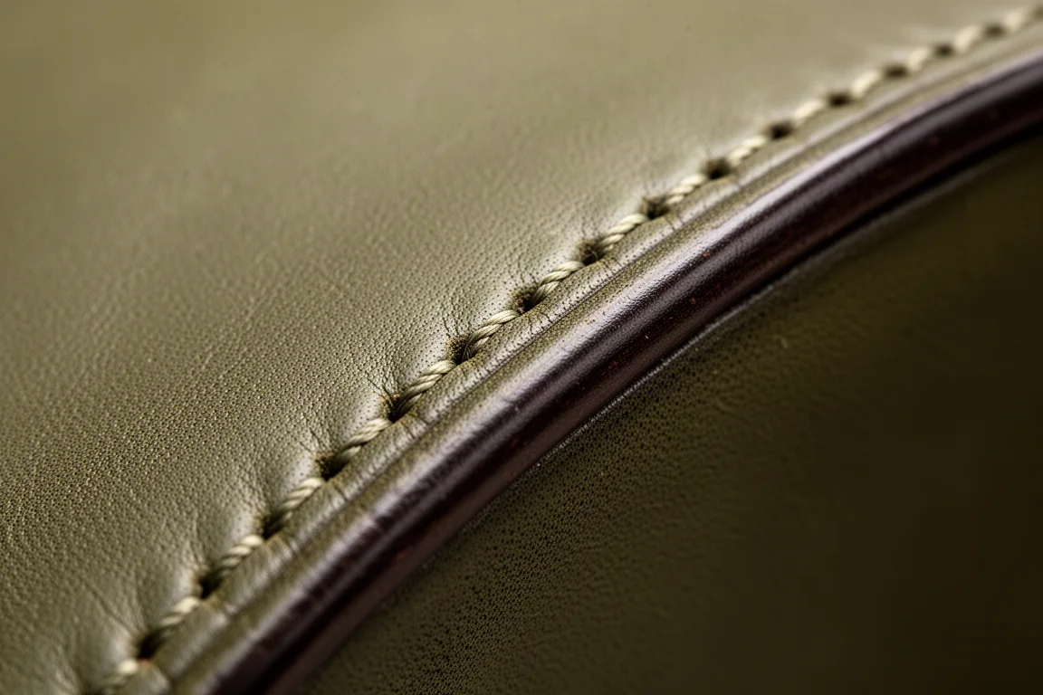 Gros plan sur la couture à la selle faite main d'un portefeuille en cuir olive