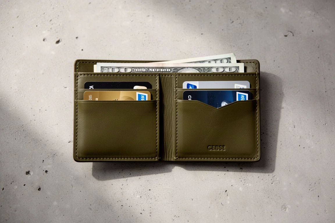 Portefeuille ouvert montrant les poches pour cartes bancaires et le compartiment à billets