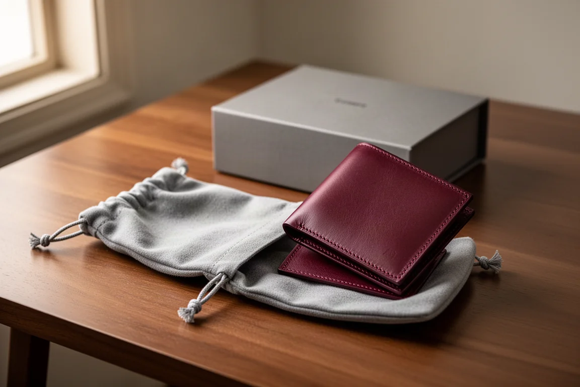 Escena de desempaquetado de una cartera de piel full grain color burdeos con bolsa de tela sobre un escritorio de madera