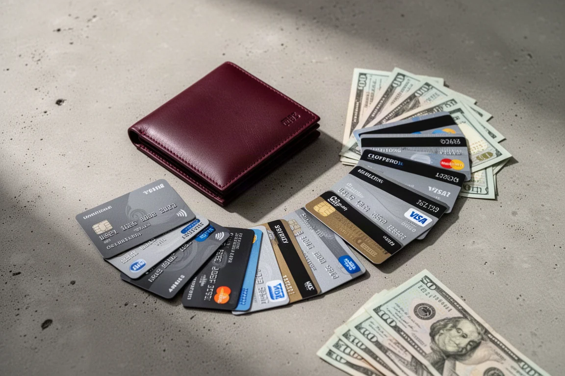 Cartera en abanico con tarjetas de crédito sobre una superficie de hormigón