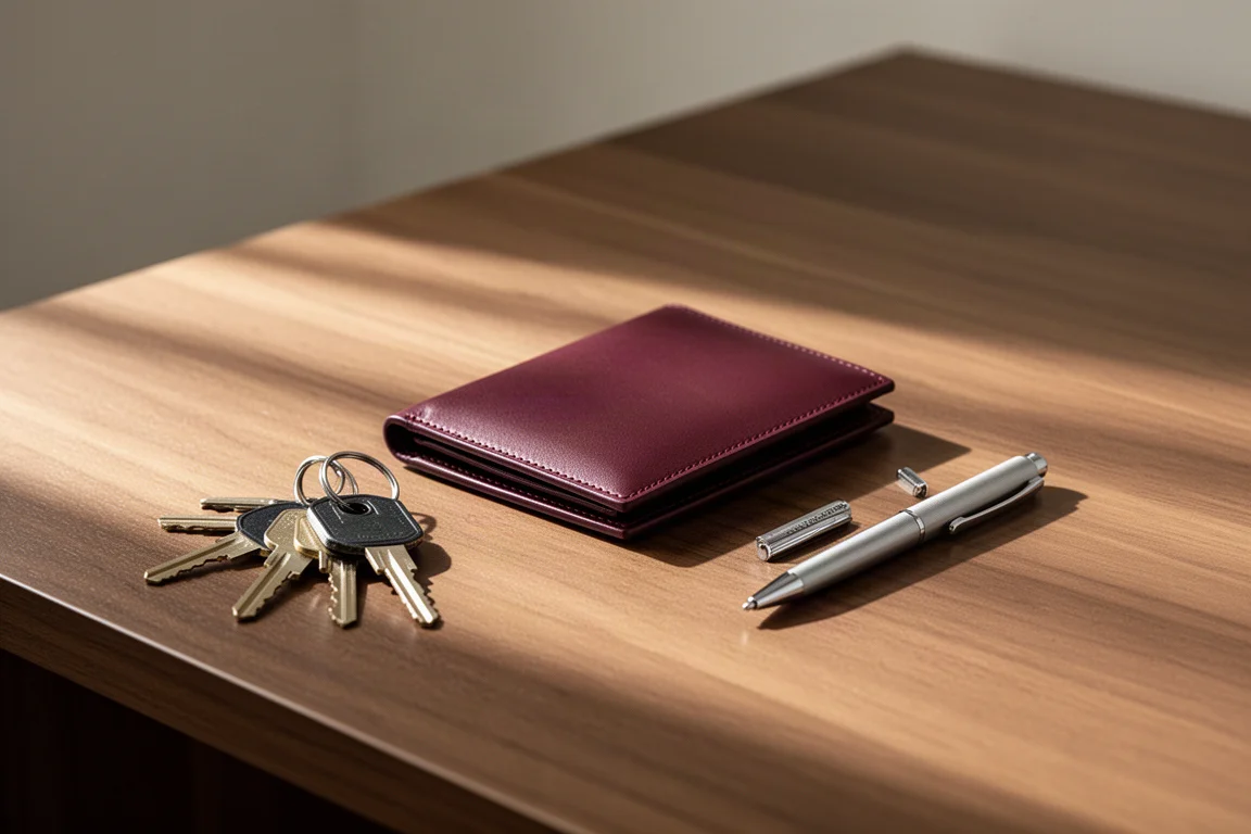Cartera de piel color burdeos junto a objetos de uso diario sobre un escritorio de madera