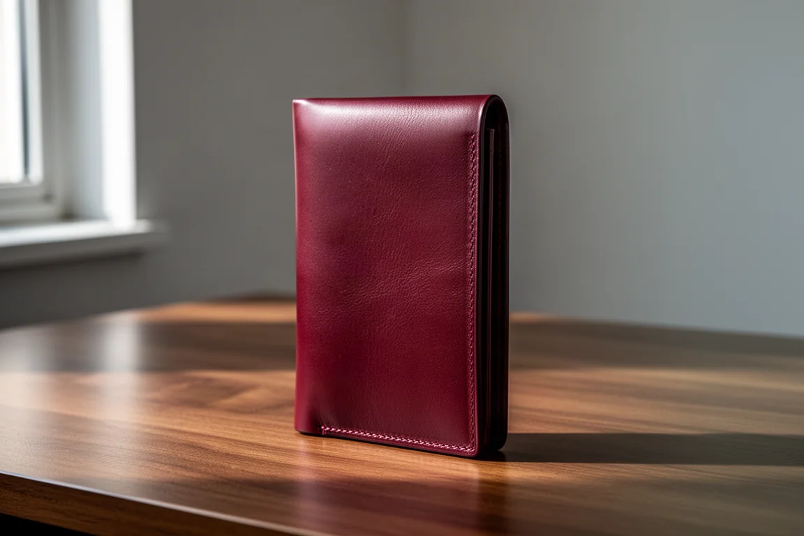 Burgundy full grain leather wallet standing upright on a brushed wood desk