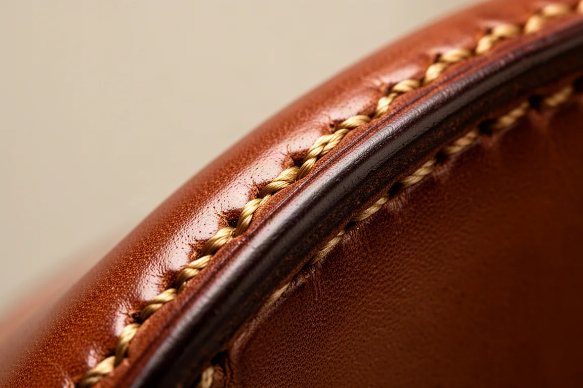 Primer plano del borde del cuero cosido a mano a silla de montar con hilo dorado en una cartera rojiza