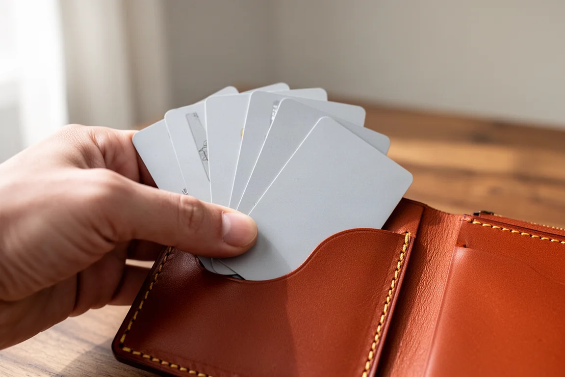 Manos abanicando un juego de tarjetas de crédito desde el bolsillo de una cartera de cuero
