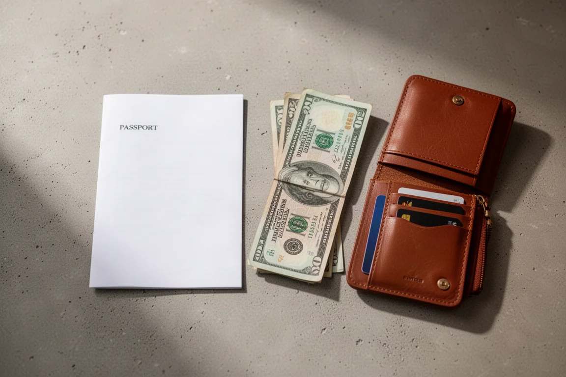 Pasaporte y billetes doblados dispuestos junto a una cartera de viaje de cuero