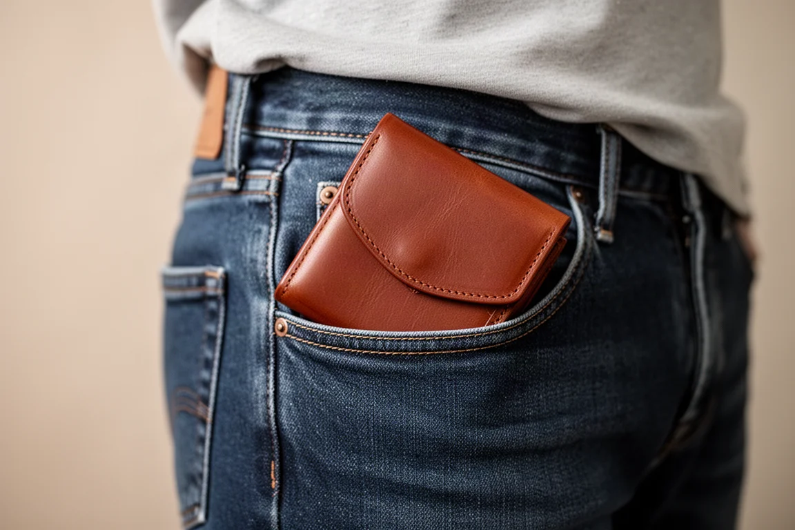 Cartera de viaje de cuero totalmente cargada metida en el bolsillo de unos vaqueros