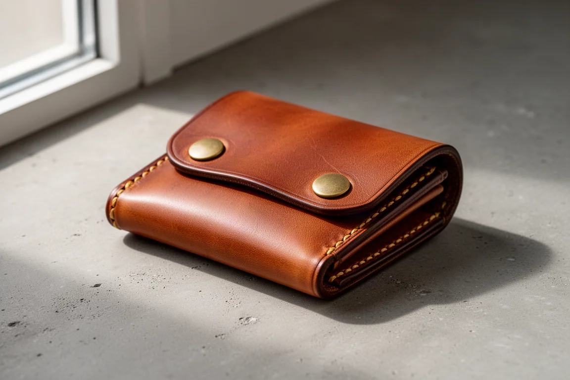 Rotbraunes handgefertigtes Leder-Travel Wallet mit Messingdruckknöpfen auf Betonuntergrund