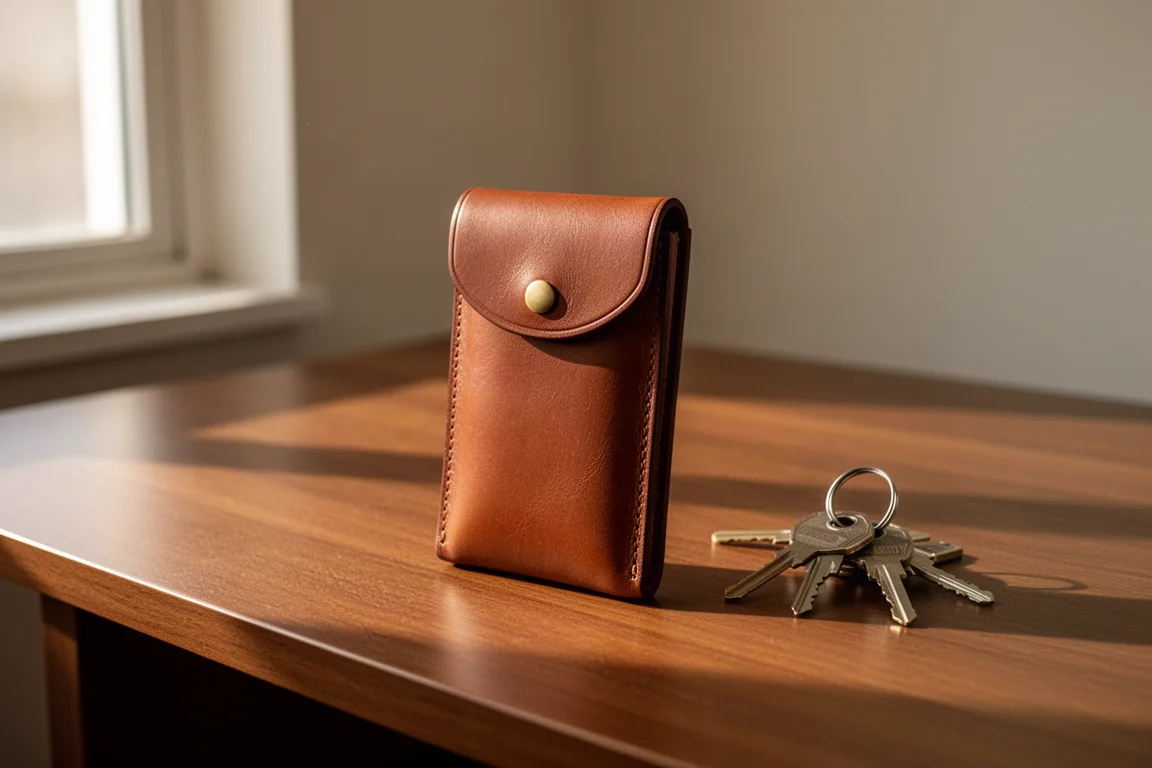 Cartera delgada de cuero marrón con solapa y broche de latón sobre un escritorio de madera