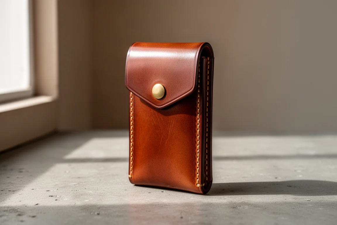 Slim brown leather wallet with flap and brass snap on concrete surface
