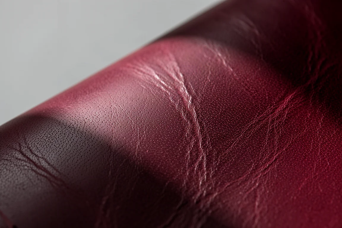Nahaufnahme von bordeauxrotem Harness-Leder mit natürlicher Narbentextur