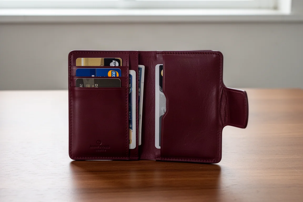 Geöffnete vertikale Wallet mit inneren Kartenfächern, Karten fächerartig ausgebreitet