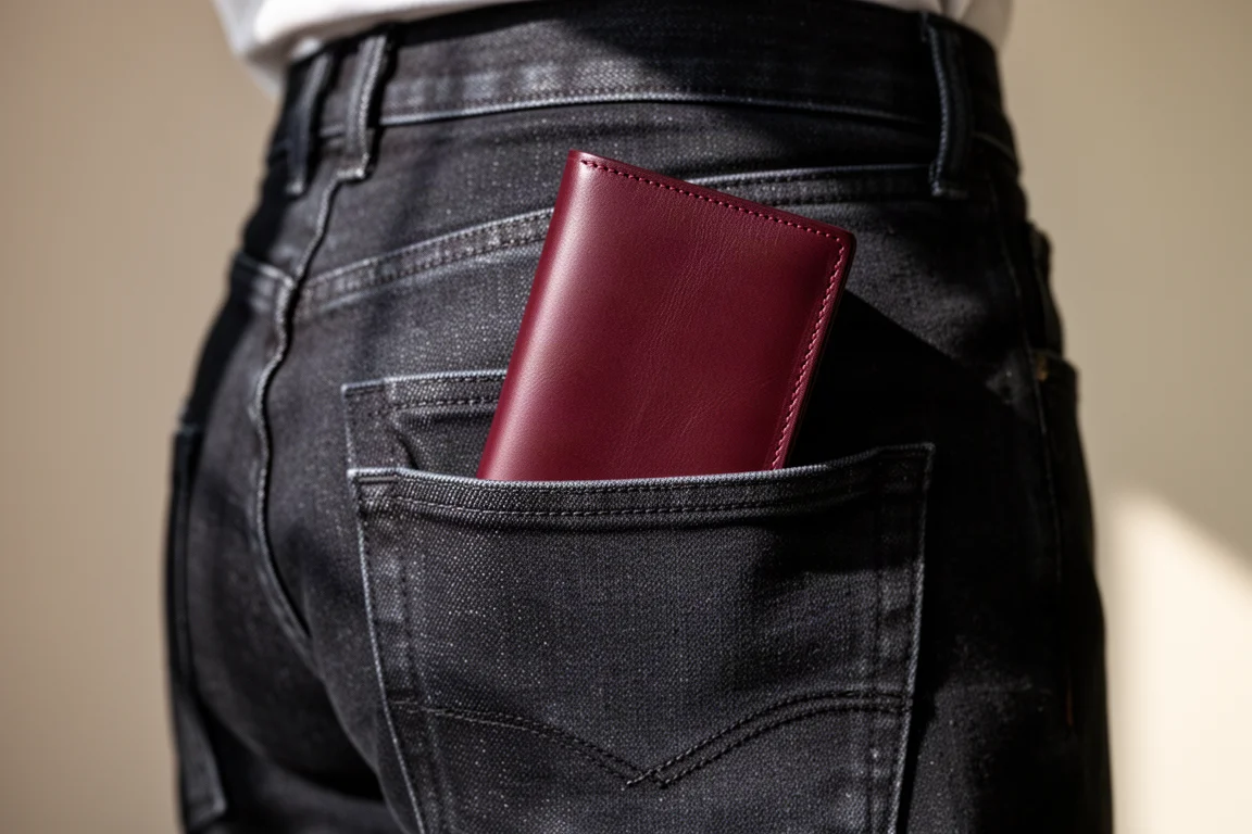 Schlanke Ledertasche in der hinteren Jeanshosentasche
