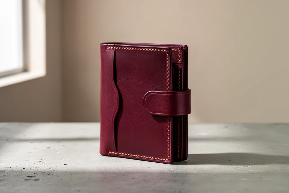 Burgundy vertical leather wallet with flap and tuck closure on concrete surface