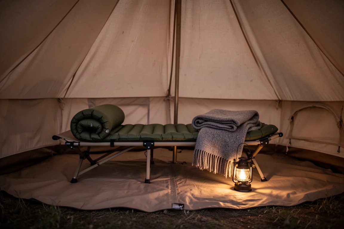 Camp cot with a sleeping pad inside a canvas tent at dusk with a lantern