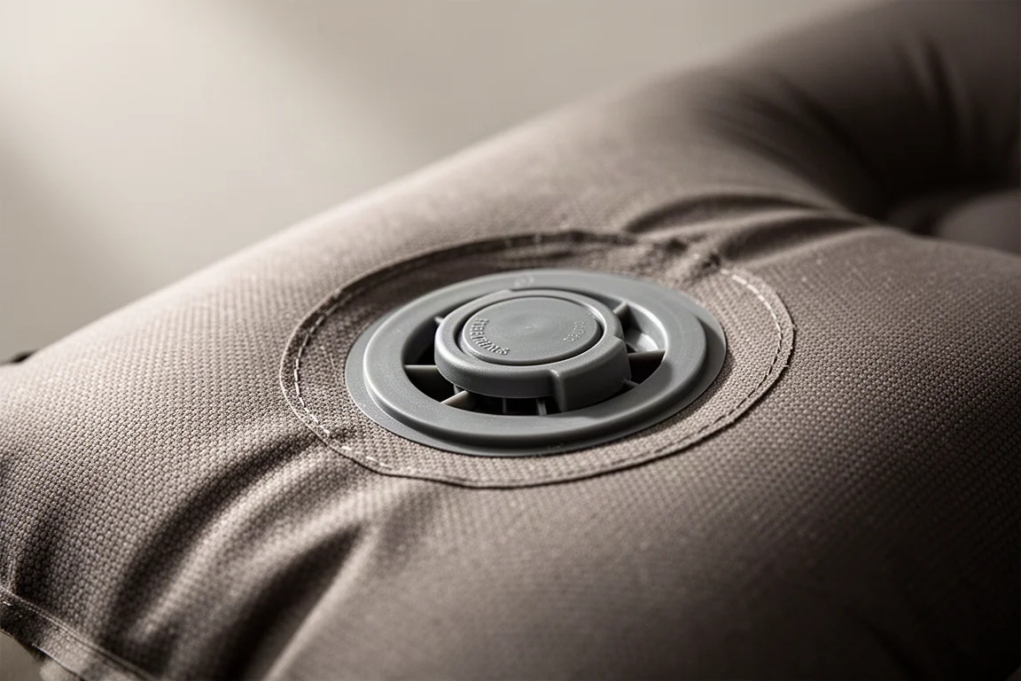 Close-up of a rotating air valve on a self-inflating camping mattress