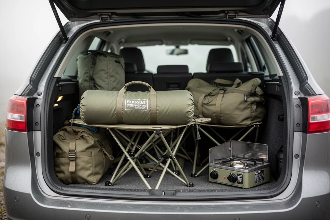 Rolled sleeping pad in a storage bag inside a loaded car cargo area