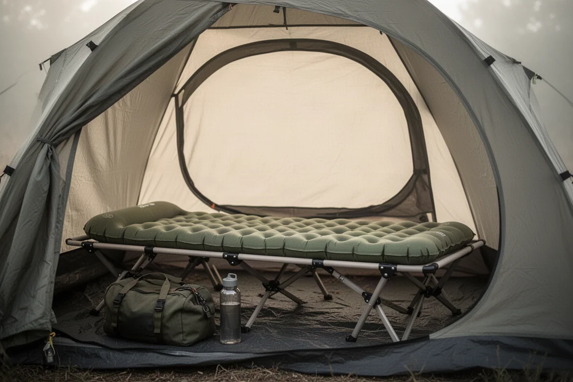 Camping cot with a sleeping pad in a dome tent lit by morning light