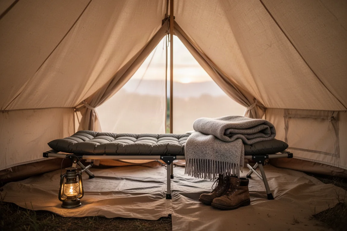 Lit de camp avec un matelas à l'intérieur d'une tente à l'aube, lumière chaude à travers le tissu