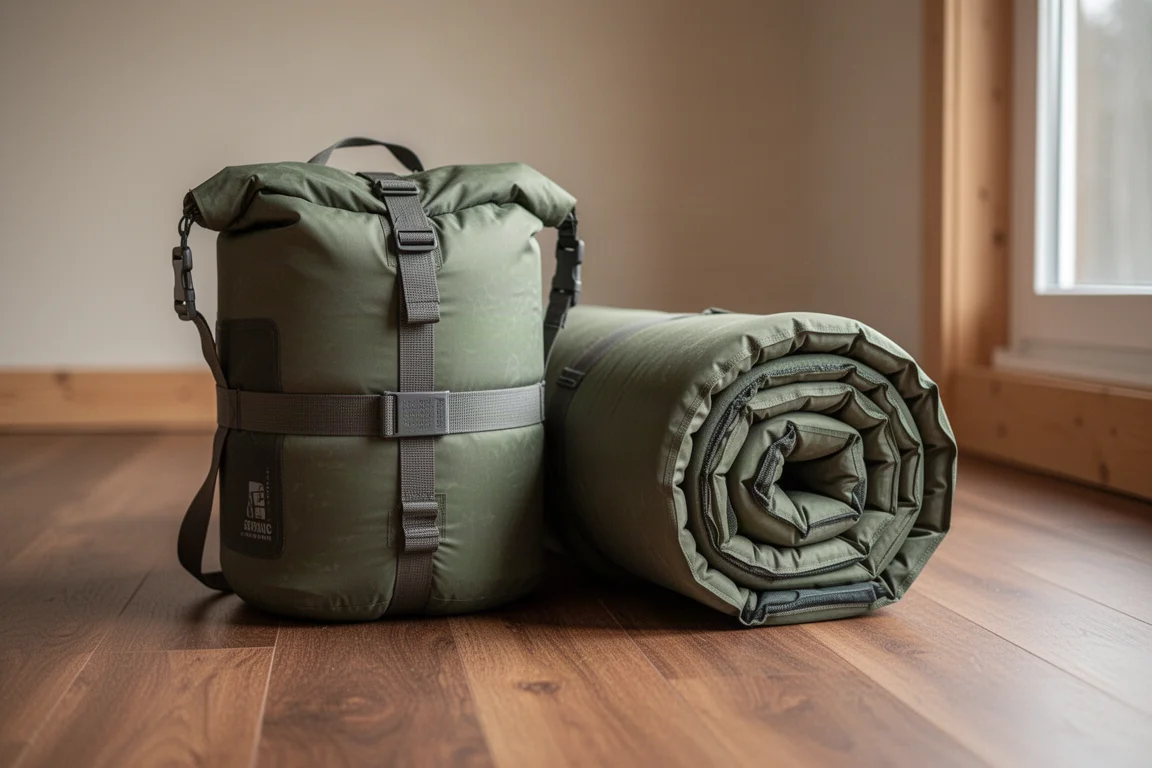 Matelas de camping roulé et maintenu par une sangle, en cours de rangement dans un sac de transport