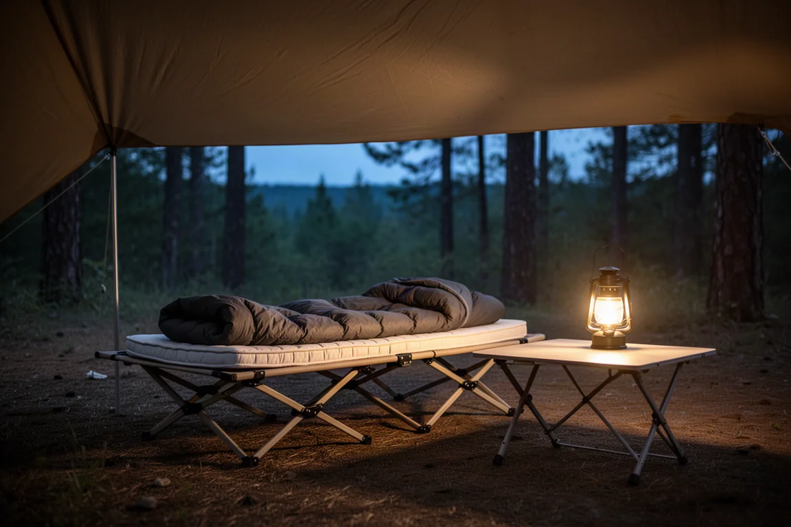 Campement le soir avec un lit de camp et un matelas épais installés sous une bâche