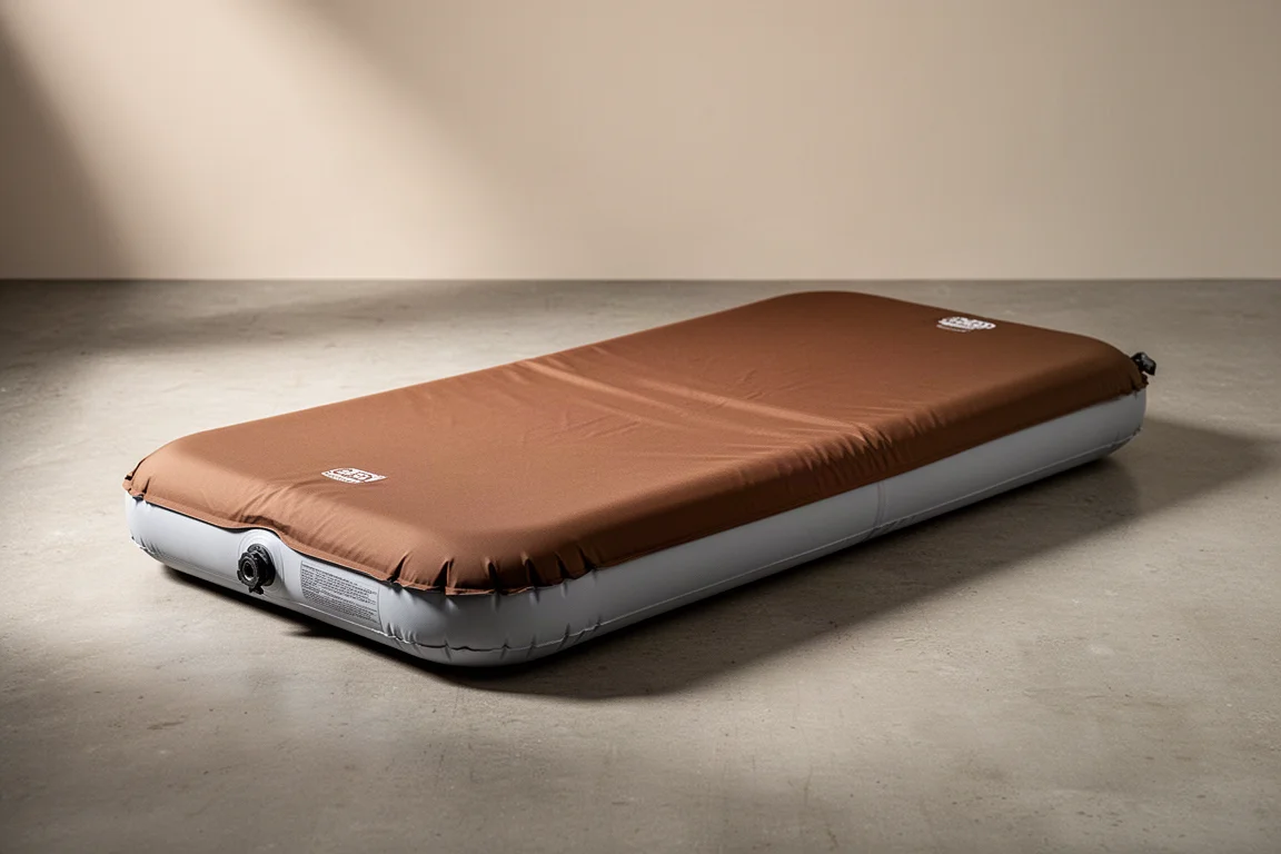 Brown and gray cot-size self-inflating camping air mattress on a concrete floor